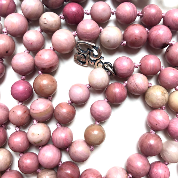 Rhodonite Mala Beads, 108 Mala, Yoga Necklace, Crystal Quartz, Heart Chakra, Yoga Jewelry