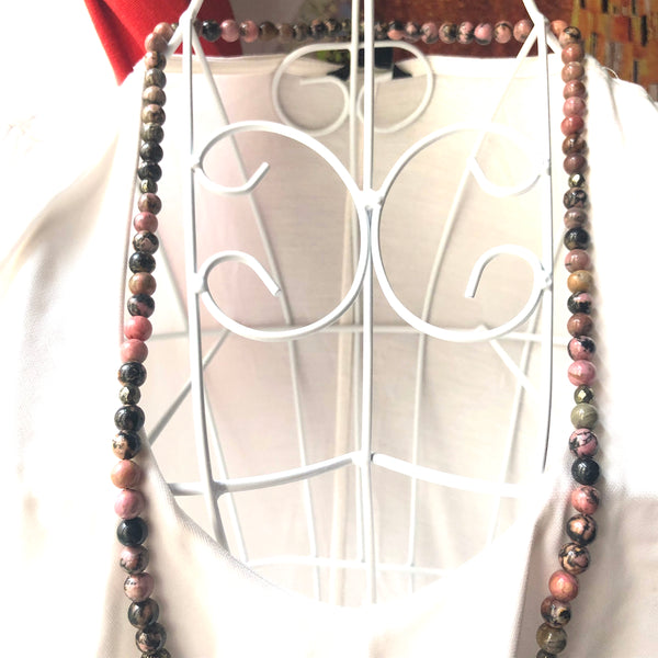 Rhodonite Mala Beads, Pyrite Necklace, Yoga Necklace, Moonstone, Heart Chakra Charm, Yoga Jewelry