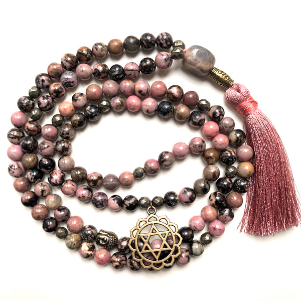 Rhodonite, mala, 108 beads, mala beads, pyrite, heart chakra, charm