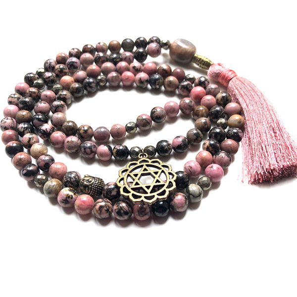 Rhodonite Mala Beads, Pyrite Necklace, Yoga Necklace, Moonstone, Heart Chakra Charm, Yoga Jewelry