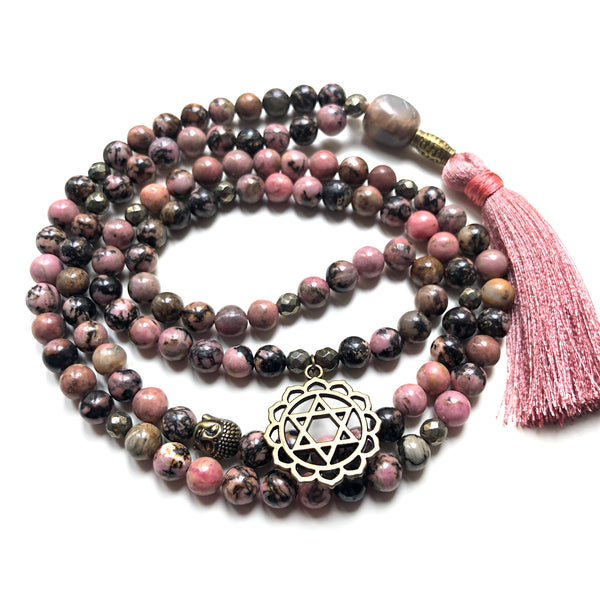 Rhodonite Mala Beads, Pyrite Necklace, Yoga Necklace, Moonstone, Heart Chakra Charm, Yoga Jewelry