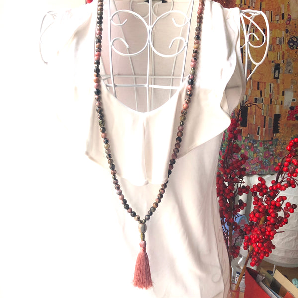 Rhodonite, mala, 108 beads, mala beads, pyrite, heart chakra, charm