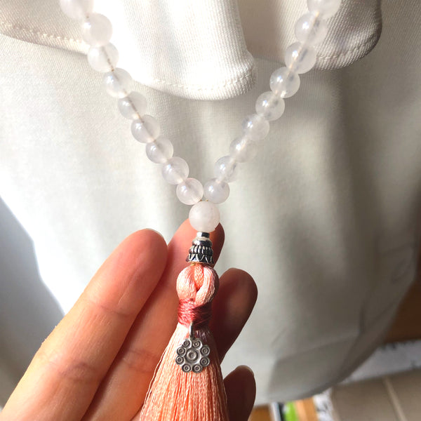 Rose Quartz Mala Beads, Rudraksha Prayer Beads, Yoga Jewelry, 108 Mala, Tassel Necklace