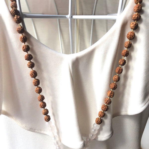 Rose Quartz Mala Beads, Rudraksha Prayer Beads, Yoga Jewelry, 108 Mala, Tassel Necklace
