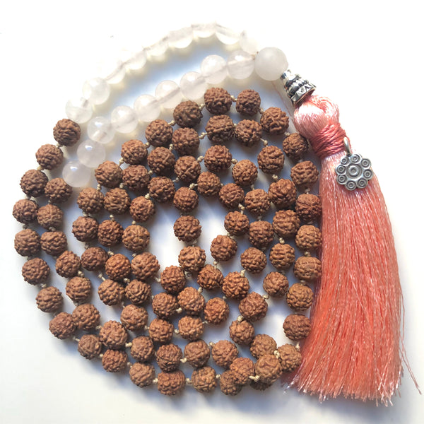 Rose Quartz Mala Beads, Rudraksha Prayer Beads, Yoga Jewelry, 108 Mala, Tassel Necklace
