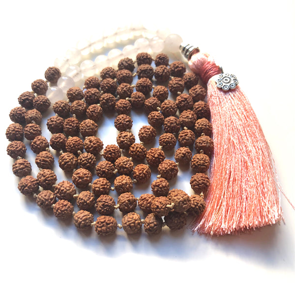 Rose Quartz Mala Beads, Rudraksha Prayer Beads, Yoga Jewelry, 108 Mala, Tassel Necklace