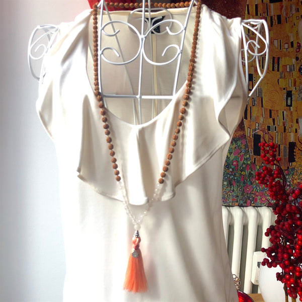 Rose Quartz Mala Beads, Rudraksha Prayer Beads, Yoga Jewelry, 108 Mala, Tassel Necklace
