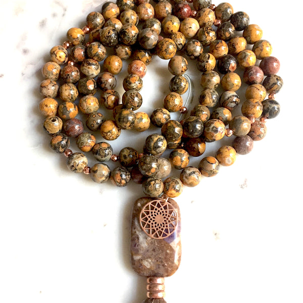 Tarana (Liberation) Brown Jasper, Rose Sterling Silver Mandala Charm Japa Meditation Mala