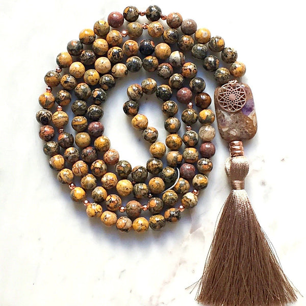 Aria Mala Atelier's unique one-of-a-kind brown jasper gemstone meditation japa mala with mandala charm is for yoga meditation spiritual daily practise