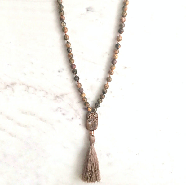 Aria Mala Atelier's unique one-of-a-kind brown jasper gemstone meditation japa mala with mandala charm is for yoga meditation spiritual daily practise