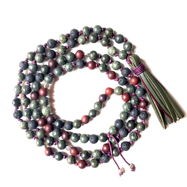 Serpentine Mala Beads, Lavastone 108 Mala, Mala Necklace, Leather Tassel, Half-Knotted, Yoga Jewelry