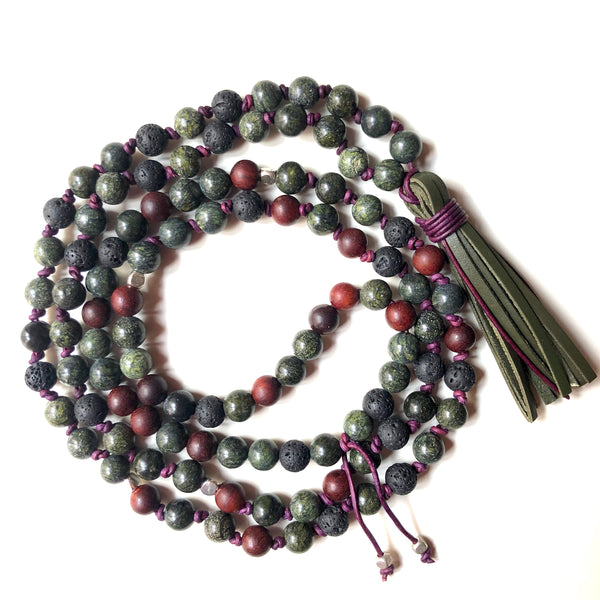 Serpentine Mala Beads, Lavastone 108 Mala, Mala Necklace, Leather Tassel, Half-Knotted, Yoga Jewelry