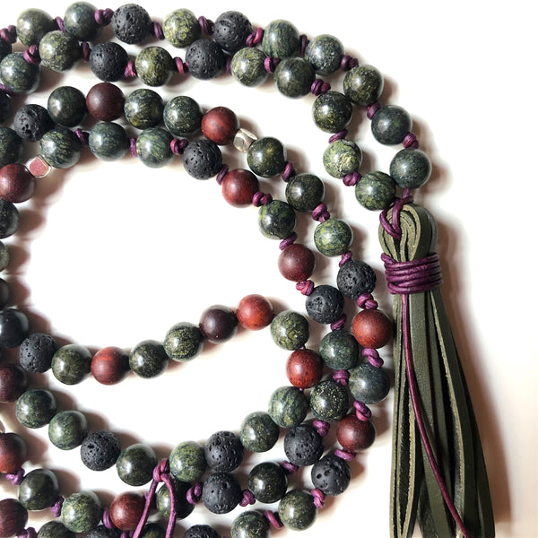Serpentine Mala Beads, Lavastone 108 Mala, Mala Necklace, Leather Tassel, Half-Knotted, Yoga Jewelry
