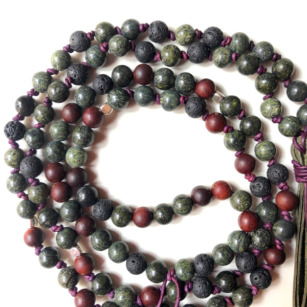 Serpentine Mala Beads, Lavastone 108 Mala, Mala Necklace, Leather Tassel, Half-Knotted, Yoga Jewelry