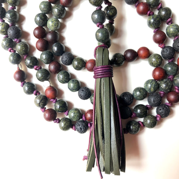 Serpentine Mala Beads, Lavastone 108 Mala, Mala Necklace, Leather Tassel, Half-Knotted, Yoga Jewelry