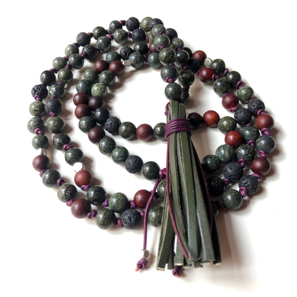 Serpentine Mala Beads, Lavastone 108 Mala, Mala Necklace, Leather Tassel, Half-Knotted, Yoga Jewelry
