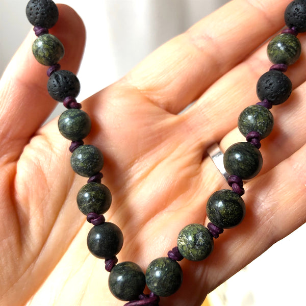 Serpentine Mala Beads, Lavastone 108 Mala, Mala Necklace, Leather Tassel, Half-Knotted, Yoga Jewelry