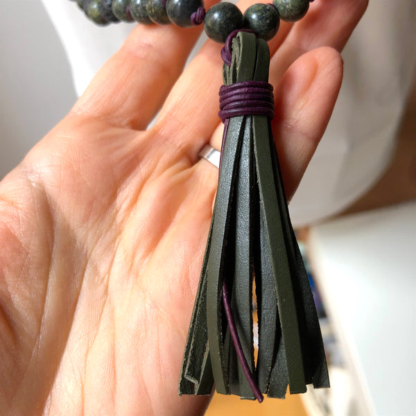 Serpentine Mala Beads, Lavastone 108 Mala, Mala Necklace, Leather Tassel, Half-Knotted, Yoga Jewelry