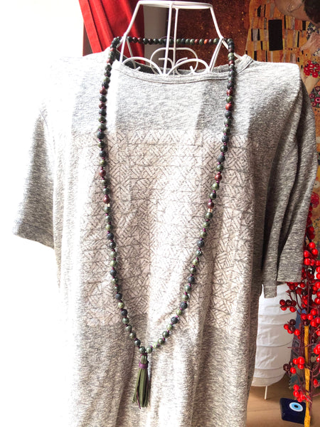 Serpentine Mala Beads, Lavastone 108 Mala, Mala Necklace, Leather Tassel, Half-Knotted, Yoga Jewelry