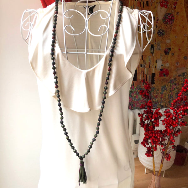 Serpentine Mala Beads, Lavastone 108 Mala, Mala Necklace, Leather Tassel, Half-Knotted, Yoga Jewelry