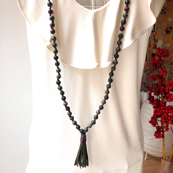 Serpentine Mala Beads, Lavastone 108 Mala, Mala Necklace, Leather Tassel, Half-Knotted, Yoga Jewelry