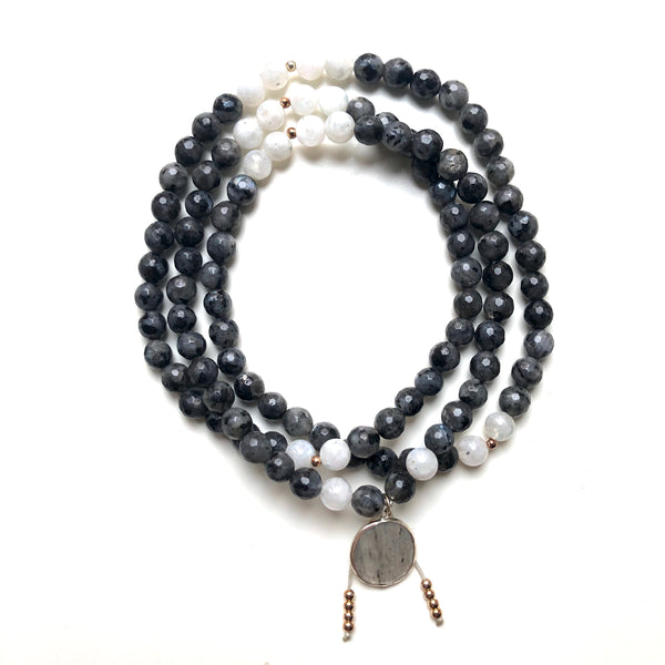Spectrolite Beads, 108 Mala, White Moonstone Mala Necklace, Quartz Charm