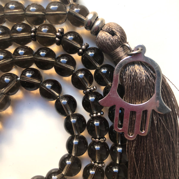 Smoky Quartz Mala Beads, Hamsa, 108 Mala, Mala Necklace, Yoga Jewelry