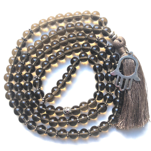 Smoky Quartz Mala Beads, Hamsa, 108 Mala, Mala Necklace, Yoga Jewelry