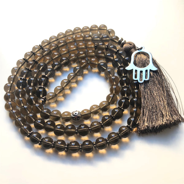 Smoky Quartz Mala Beads, Hamsa, 108 Mala, Mala Necklace, Yoga Jewelry