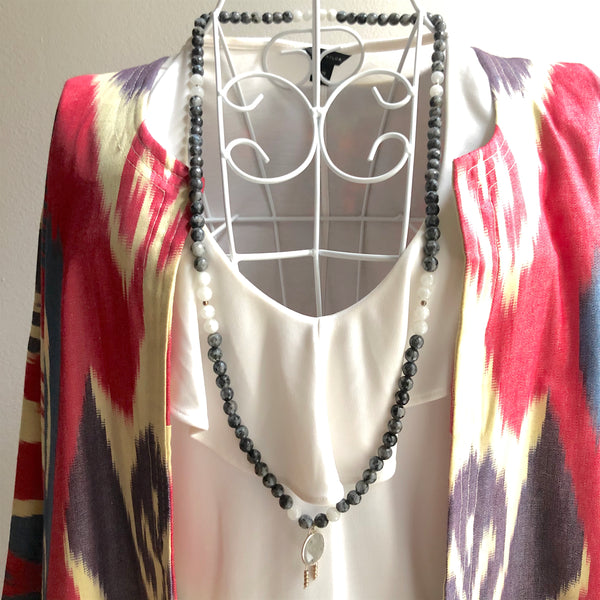 Spectrolite Beads, 108 Mala, White Moonstone Mala Necklace, Quartz Charm