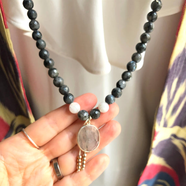 Spectrolite Beads, 108 Mala, White Moonstone Mala Necklace, Quartz Charm