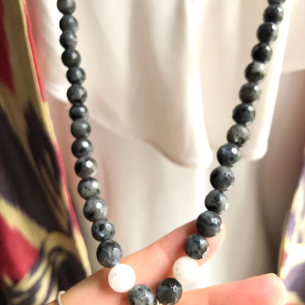 Spectrolite Beads, 108 Mala, White Moonstone Mala Necklace, Quartz Charm