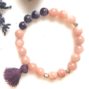 Aria Mala Atelier's unique one-of-a-kind sun stone, amethyst bracelet with cotton tassel for spiritual souls
