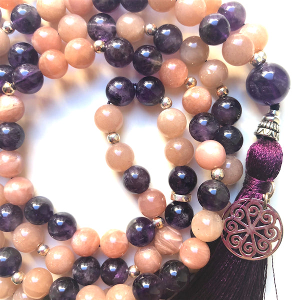 Moonstone Mala Beads, Amethyst Mala Necklace, 108 Mala, Yoga Jewelry, Meditation Beads
