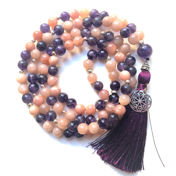 Moonstone Mala Beads, Amethyst Mala Necklace, 108 Mala, Yoga Jewelry, Meditation Beads