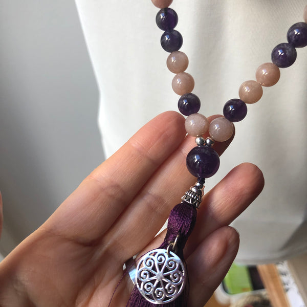 Moonstone Mala Beads, Amethyst Mala Necklace, 108 Mala, Yoga Jewelry, Meditation Beads