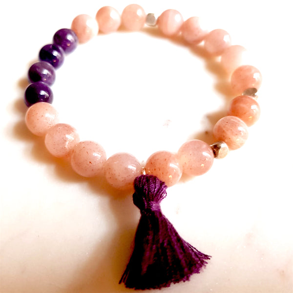 Leela (Divine play) Sun Stone, Amethyst, Sterling Silver OM Charm Japa/Meditation Mala
