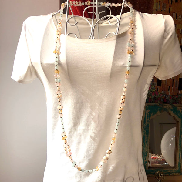 Tantric Mala Necklace: Aquamarine, Citrine, Rose Quartz 6 mm