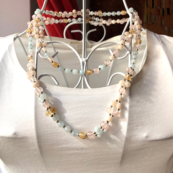 Tantric Mala Necklace: Aquamarine, Citrine, Rose Quartz 6 mm
