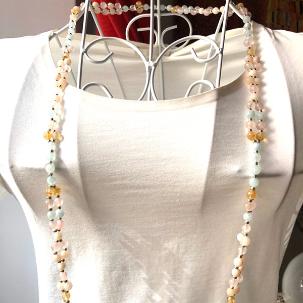 Tantric Mala Necklace: Aquamarine, Citrine, Rose Quartz 6 mm