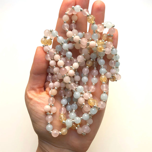 Tantric Mala Necklace: Aquamarine, Citrine, Rose Quartz 6 mm