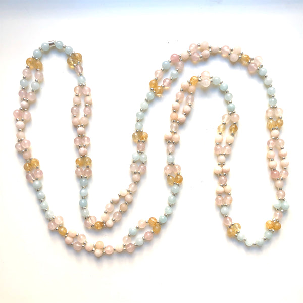 Tantric Mala Necklace: Aquamarine, Citrine, Rose Quartz 6 mm