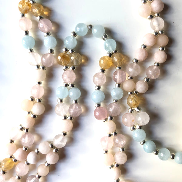 Tantric Mala Necklace: Aquamarine, Citrine, Rose Quartz 6 mm