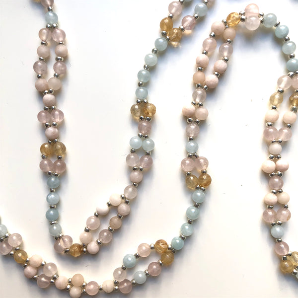 Tantric Mala Necklace: Aquamarine, Citrine, Rose Quartz 6 mm
