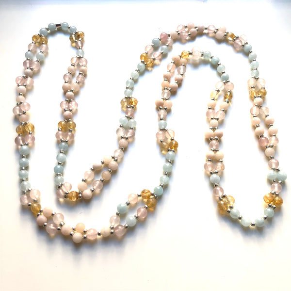 Tantric Mala Necklace: Aquamarine, Citrine, Rose Quartz 6 mm