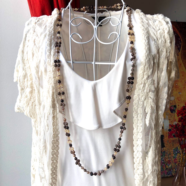 Tantric Mala Necklace: Moonstone, Smoky Quartz, Citrine 6 mm