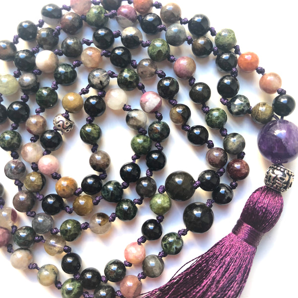 Tourmaline Mala Beads, 108 Mala, Amethyst Mala Necklace, Hand Knotted, Yoga Jewelry