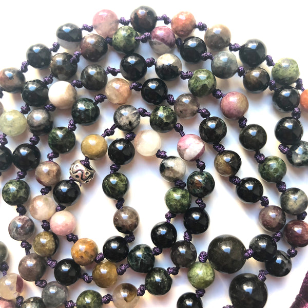 Tourmaline Mala Beads, 108 Mala, Amethyst Mala Necklace, Hand Knotted, Yoga Jewelry