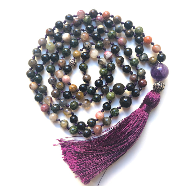 Tourmaline Mala Beads, 108 Mala, Amethyst Mala Necklace, Hand Knotted, Yoga Jewelry