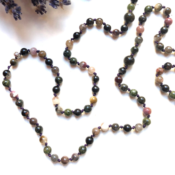 Aria Mala Atelier's unique one-of-a-kind Tourmaline, Amethyst guru bead is for yoga meditation empowering spiritual daily practise and intention setting